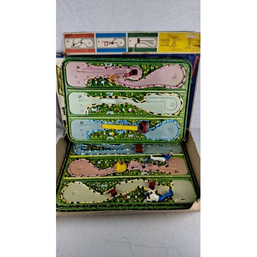 783 - Technofix Minigolf Board Game, vintage. Includes box, various miniature golf course tracks, and them... 