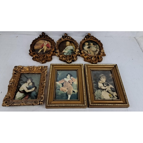 107 - Set of six framed antique-style portraits. Three oval frames with ornate golden designs, and three r... 