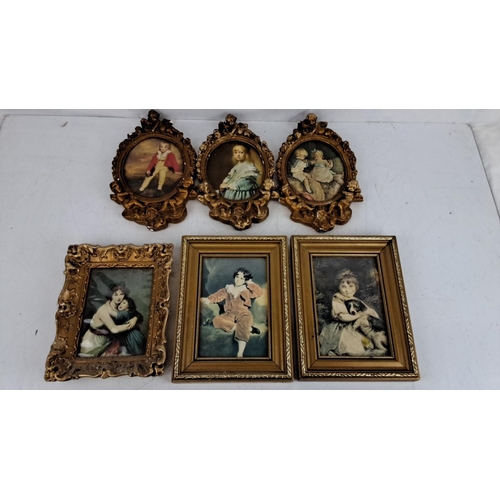 107 - Set of six framed antique-style portraits. Three oval frames with ornate golden designs, and three r... 