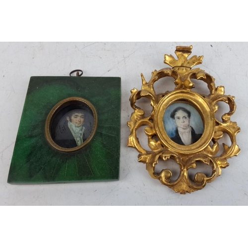 122 - Two antique miniature portrait paintings in ornate frames. One frame is green with gold accents, the... 