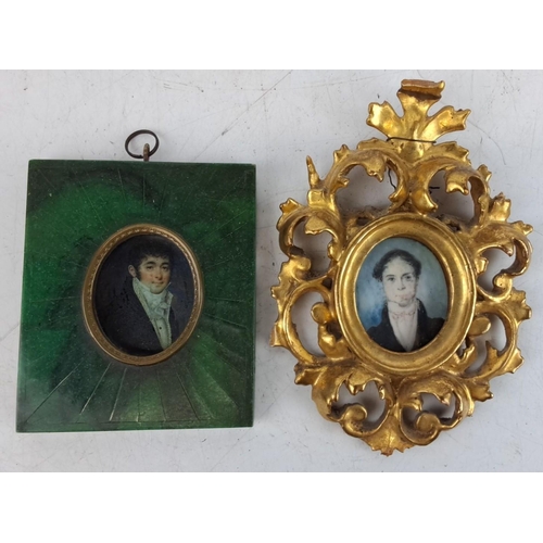 122 - Two antique miniature portrait paintings in ornate frames. One frame is green with gold accents, the... 