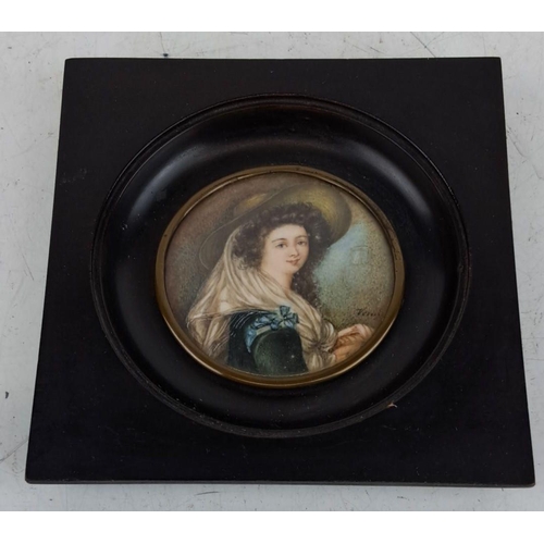 126 - Antique miniature watercolour of a lady, signed 