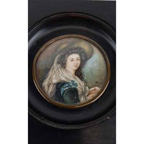 126 - Antique miniature watercolour of a lady, signed 