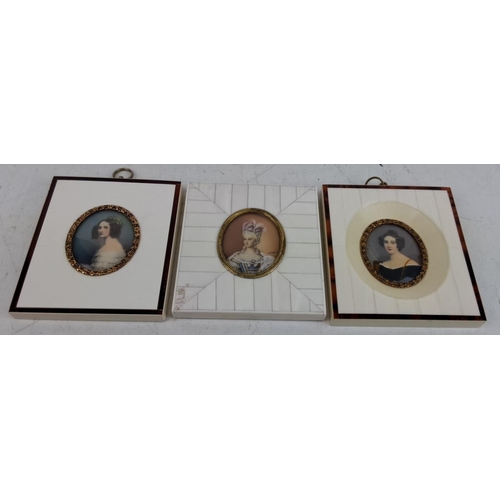 127 - A pair of antique German hand painted miniatures in a decorative bone and tortoise shell frame and a... 