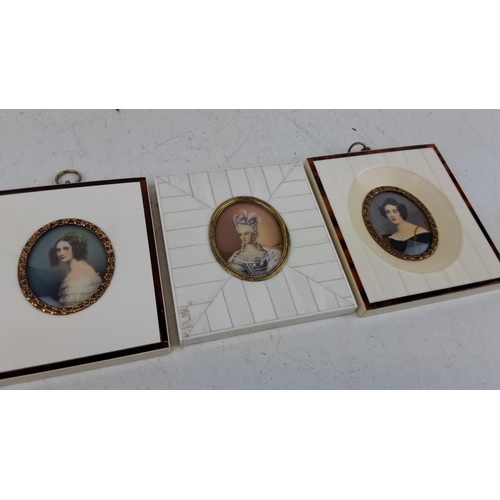 127 - A pair of antique German hand painted miniatures in a decorative bone and tortoise shell frame and a... 
