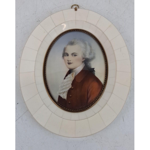 128 - Large Antique German Oval portrait miniature, Encased in a bone frame with brass trim, early 19th ce... 