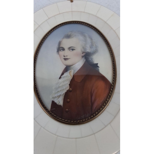 128 - Large Antique German Oval portrait miniature, Encased in a bone frame with brass trim, early 19th ce... 