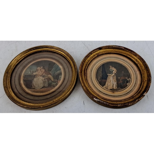 136 - Pair of late 19th-century round framed prints, featuring romantic and domestic scenes. The prints ar... 