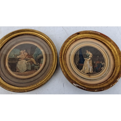 136 - Pair of late 19th-century round framed prints, featuring romantic and domestic scenes. The prints ar... 