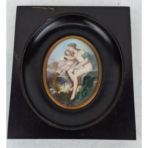 137 - Antique Oval hand-painted porcelain plaque depicting a classical scene of a mother and child, set in... 