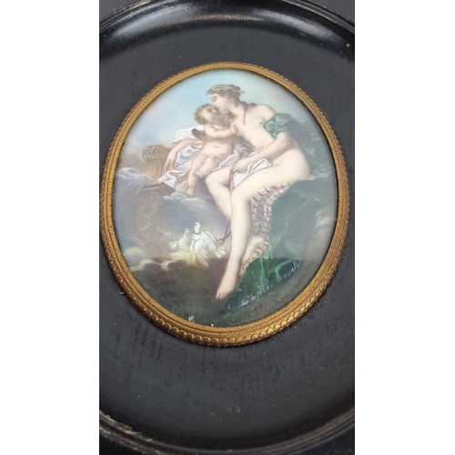 137 - Antique Oval hand-painted porcelain plaque depicting a classical scene of a mother and child, set in... 