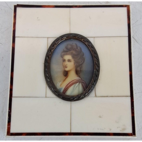 139 - Antique miniature hand painted on porcelain portrait of a Georgian lady, framed in an bone and metal... 