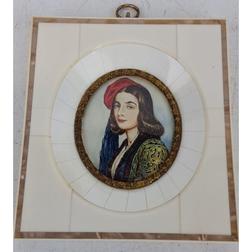 141 - Antique miniature portrait painting on porcelain, titled 'Chatharina Botgaris', signed H Kemena, bon... 