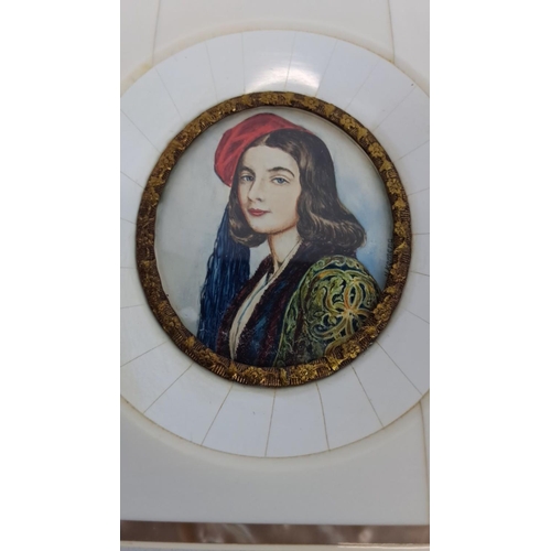141 - Antique miniature portrait painting on porcelain, titled 'Chatharina Botgaris', signed H Kemena, bon... 