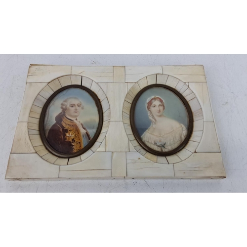 143 - An antique framed Set of two miniature portraits in oval frames, each depicting an 18th-century figu... 