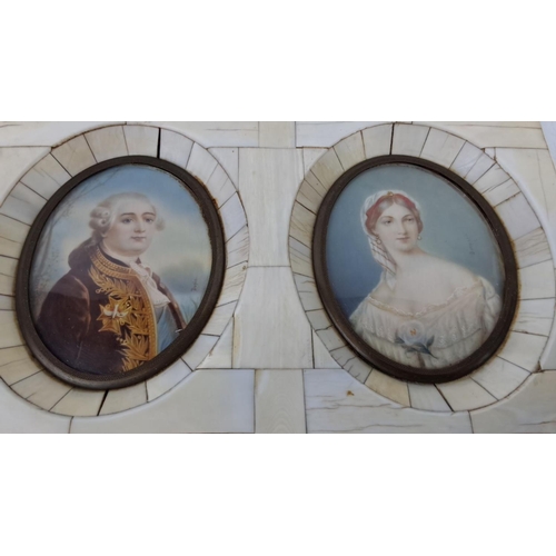 143 - An antique framed Set of two miniature portraits in oval frames, each depicting an 18th-century figu... 