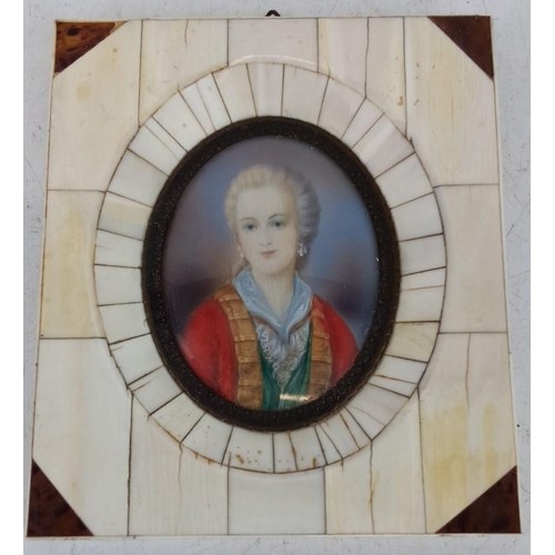 144 - An antique Miniature portrait painted on porcelain of a noblewoman in a decorative bone and tortoise... 