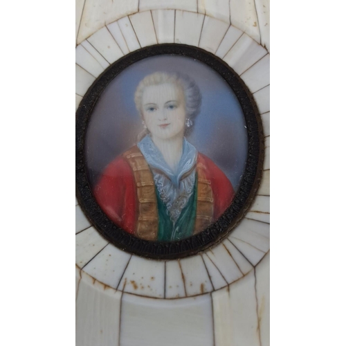 144 - An antique Miniature portrait painted on porcelain of a noblewoman in a decorative bone and tortoise... 