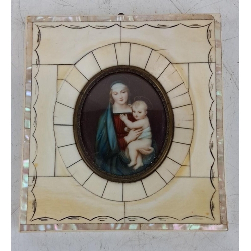 149 - Antique Hand-painted miniature on porcelain of Madonna and Child, encased in a mother-of-pearl inlai... 