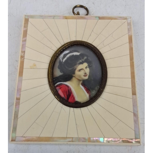 150 - Antique Hand-painted miniature 'Lady Hamilton' encased in a mother of pearl and bone frame, measurin... 