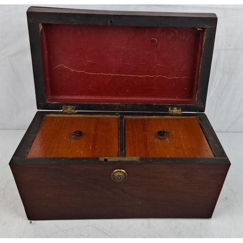 162 - Victorian mahogany tea caddy featuring a brass escutcheon, dual compartments with original lids, and... 