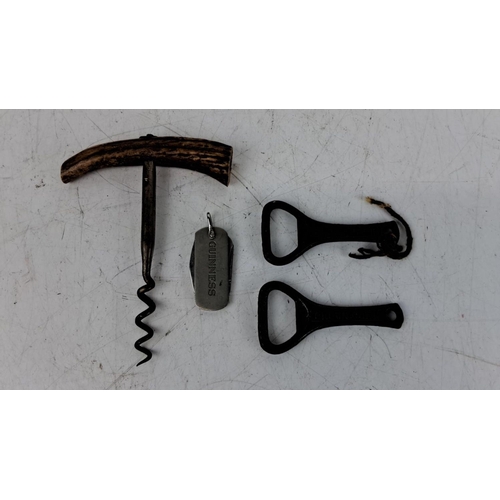 169 - Vintage corkscrew with antler handle. It also includes two metal bottle openers, and a Guinness-bran... 