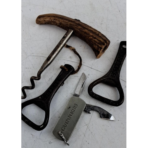 169 - Vintage corkscrew with antler handle. It also includes two metal bottle openers, and a Guinness-bran... 