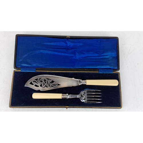 170 - Antique silver plated fish serving set with bone handles. Includes a detailed fish knife and fork. B... 