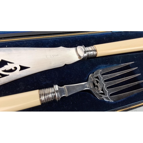 170 - Antique silver plated fish serving set with bone handles. Includes a detailed fish knife and fork. B... 