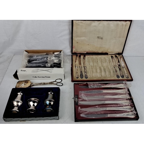 183 - Mixed cutlery and serving items set, including boxed cake serving tongs, silver plated salt and pepp... 