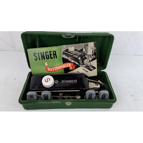 19 - Vintage Singer Buttonholer attachment, complete with original case and instructions.