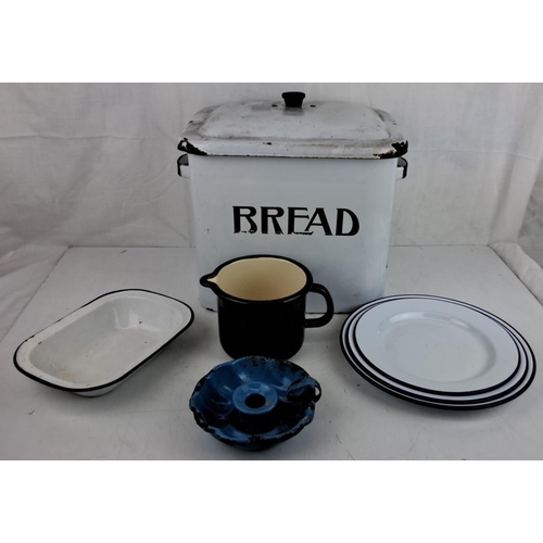 2 - Mixed lot of enamelware kitchen items. Includes a white bread box, pitcher, rectangular baking dish,... 