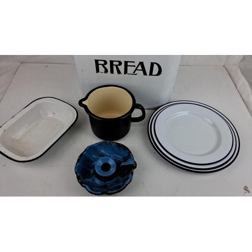 2 - Mixed lot of enamelware kitchen items. Includes a white bread box, pitcher, rectangular baking dish,... 