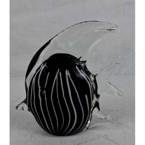 24 - Murano glass zebra fish paperweight with black and white striped pattern. Handcrafted with clear, sm... 