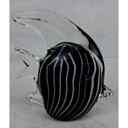 24 - Murano glass zebra fish paperweight with black and white striped pattern. Handcrafted with clear, sm... 