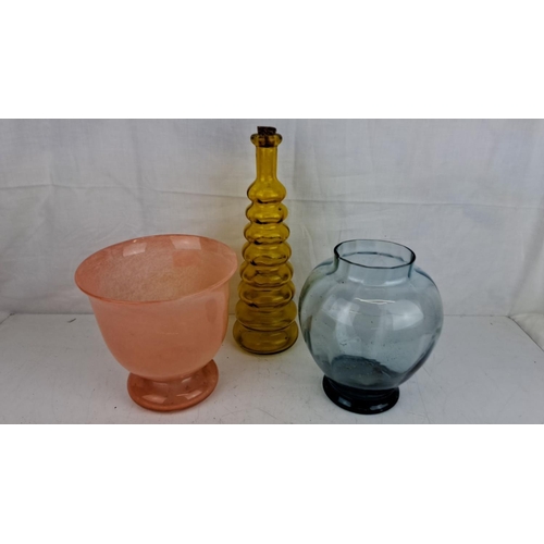 30 - Set of three vintage glass items: a pink pedestal votive holder, a yellow ribbed decanter with origi... 