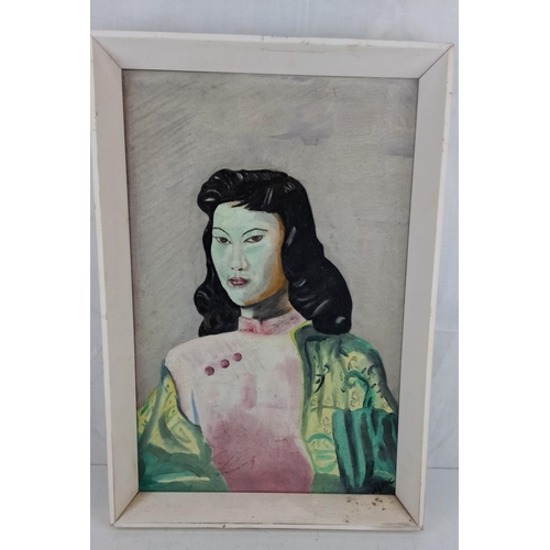 44 - Stunning vintage oil painting in the style of 'Miss Wong' a woman in green and pink attire, signed i... 