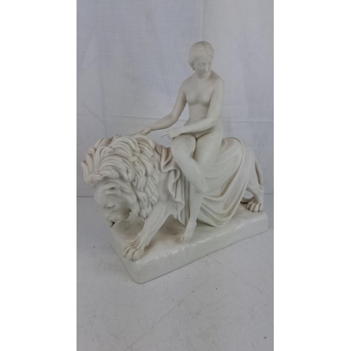 47 - Large antique parian porcelain bust 'Una & the Lion' by Minton circa 1850-60, the nude maiden riding... 