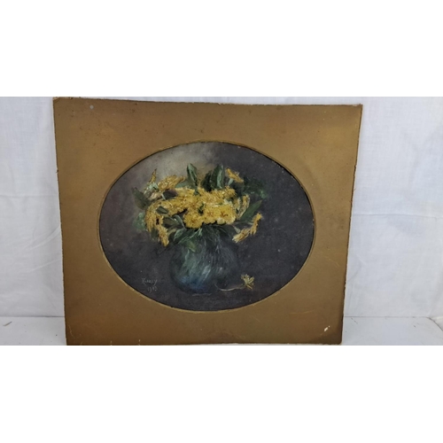 53 - Unframed antique Oil painting of yellow flowers in a vase, signed 