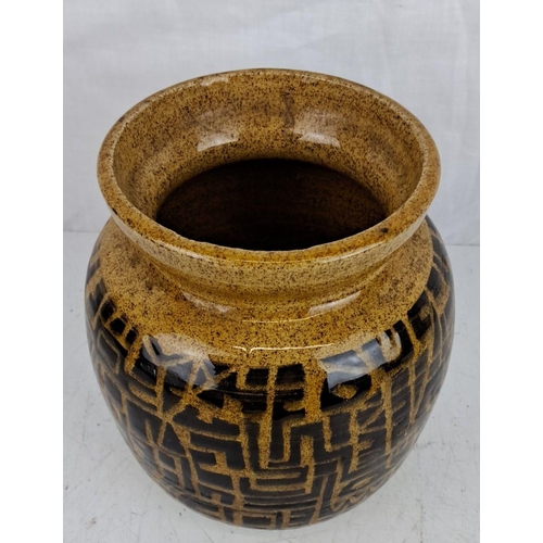 54 - Vintage ceramic vase with a yellow ochre and black geometric pattern, featuring a wide mouth and hig... 