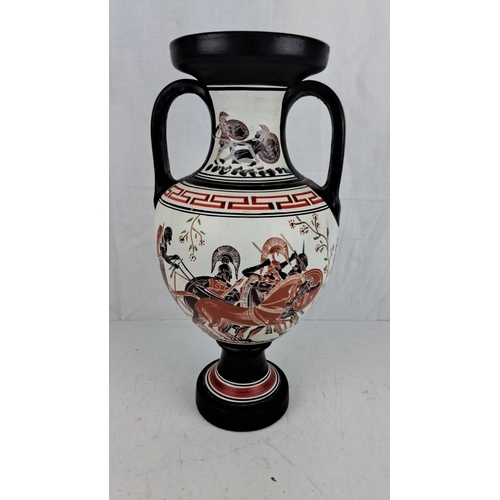 55 - Large handcrafted Greek-style amphora vase featuring painted warriors and horses, with intricate geo... 