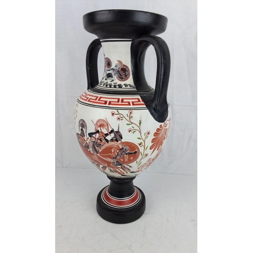 55 - Large handcrafted Greek-style amphora vase featuring painted warriors and horses, with intricate geo... 