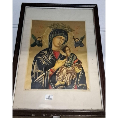 6 - Framed religious icon print. The artwork features Virgin Mary and Child Jesus with angels, showcasin... 