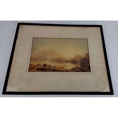 75 - Framed print, showing a landscape painting depicting a serene lakeside scene with figures and cattle... 