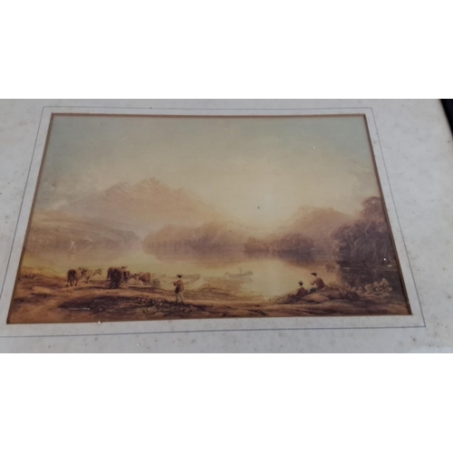 75 - Framed print, showing a landscape painting depicting a serene lakeside scene with figures and cattle... 