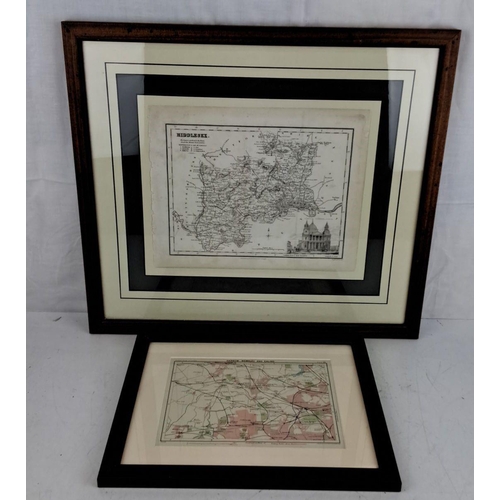 81 - Two framed antique maps featuring Middlesex and Harrow, Wembley, and Ealing. The detailed maps are s... 