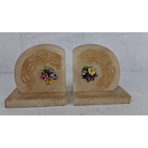 82 - Pair of vintage Art Deco marble bookends adorned with hand-painted floral porcelain motifs.