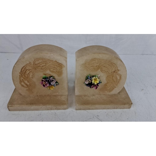 82 - Pair of vintage Art Deco marble bookends adorned with hand-painted floral porcelain motifs.