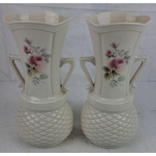 90 - Pair of vintage ceramic vases by Donegal China featuring hand-painted pink rose floral designs and t... 