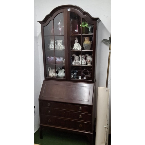 184 - Mahogany bureau bookcase with glazed top section, featuring intricate china display. Lower section i... 